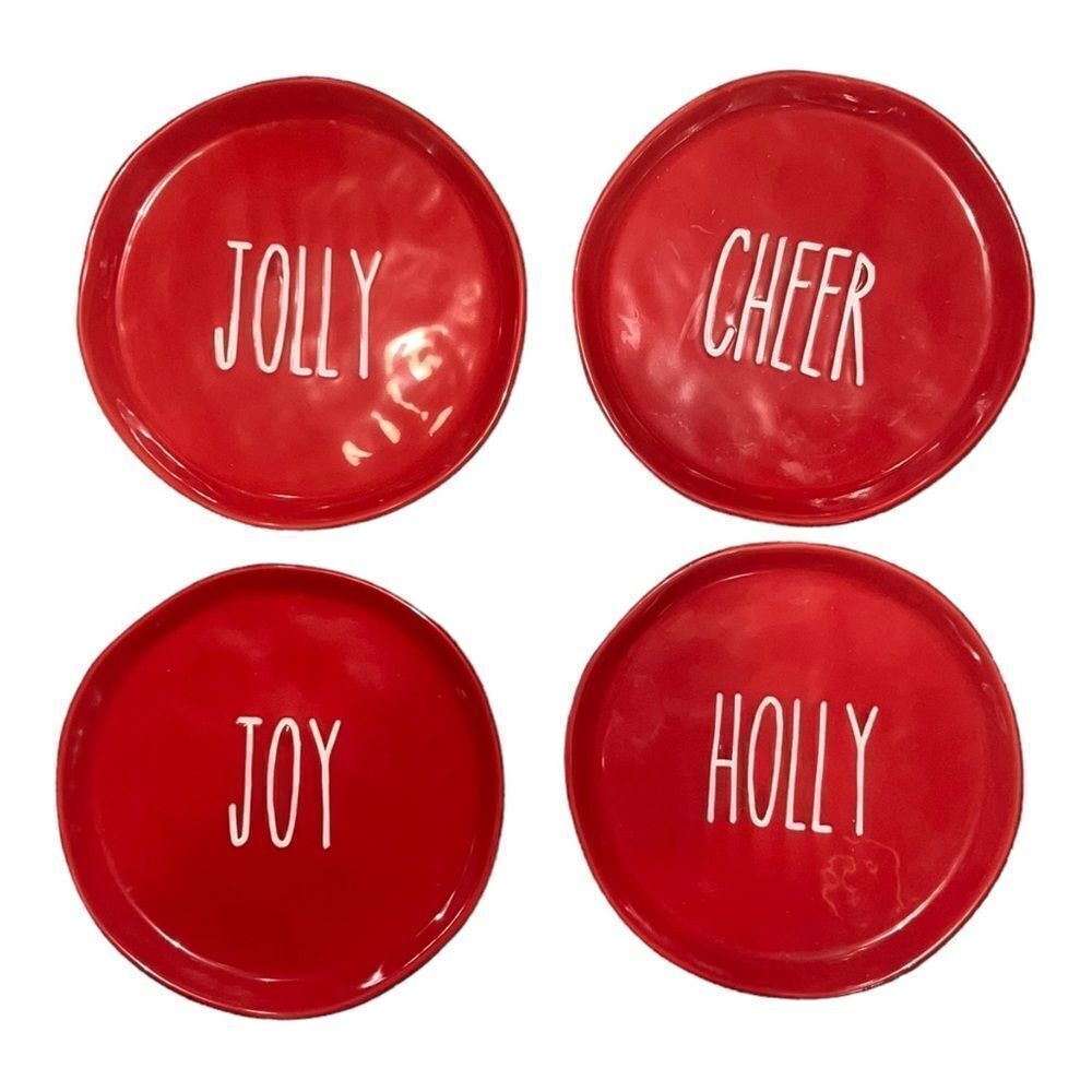 Christmas AF Lot of Four Red Holiday Salad Plates Ceramic Jolly Cheer Joy Holly